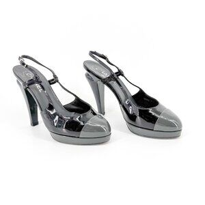 Chanel Cap Toe Slingback Pump Size 38.5 US 7.5-8 Black Patent Platform High Heel